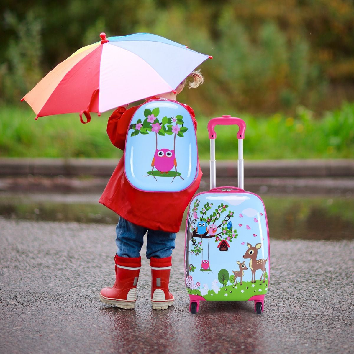 Set 2 in 1 Bagaglio Viaggio per Bambini Con Ruote + Zaino Valigetta Bimbo E Zaino Blu