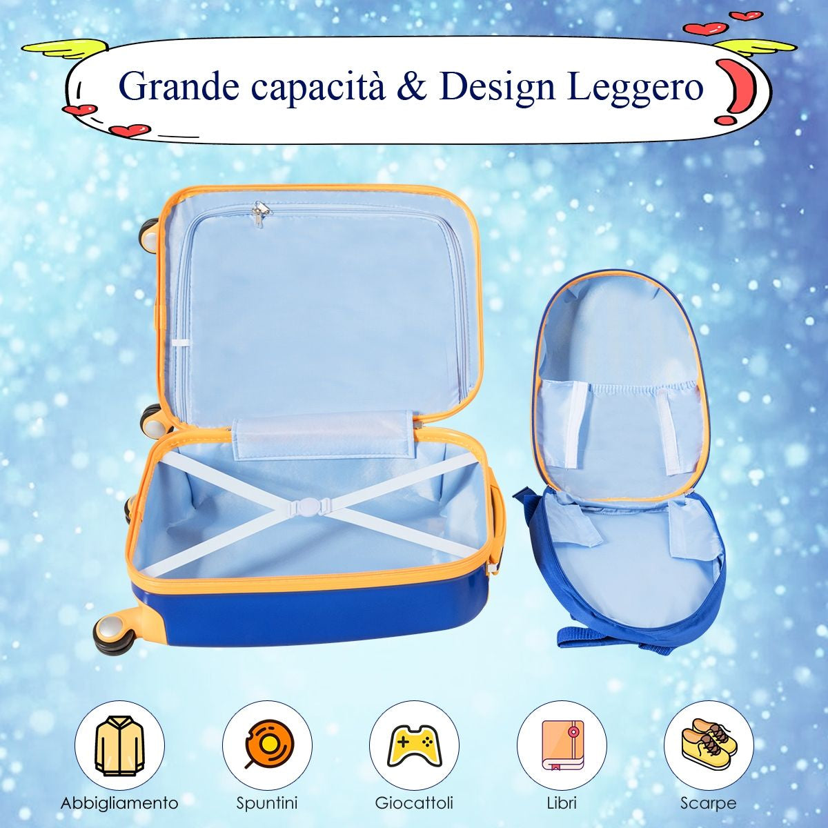 Set 2 Pezzi Bagagli per Bambini Da Viaggio Con Ruote Girevole Girevole 18" Trolley Bimbo + 12" Zaino Blu Scuro