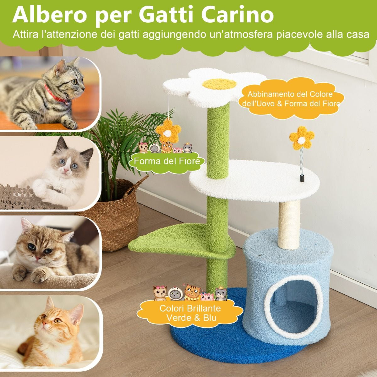 Albero per Gatti a Forma Di Fiore Con Tira Graffi in Sisal Trespolo a Forma Di Foglia, Centro Attività Gatti Blu