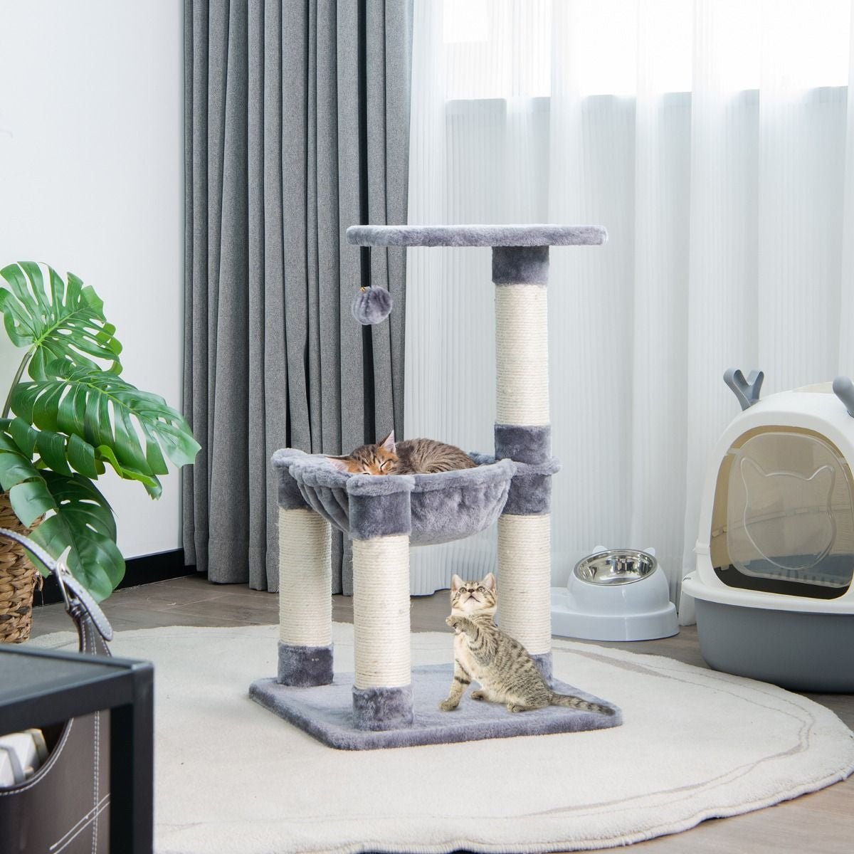 Albero per Gatti Multilivello Con Amaca Tiragraffi Rivestiti Ampia Piattaforma, Torre Di Arrampicata Grigio