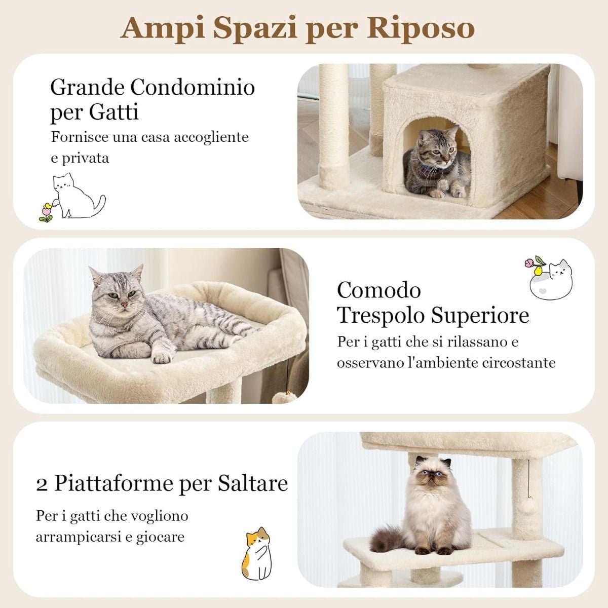 Albero per Gatti a 4 Piani Con Tiragraffi E Pallina Di Peluche, Torre per Gatti Con Piattaforma per Saltare Beige/Grigio