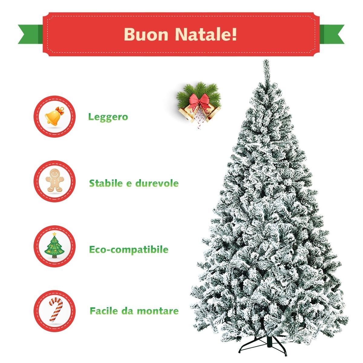 Albero Di Natale Innevato 225 Cm, Albero Di Natale Artificiale Non Illuminato E Con Cerniere