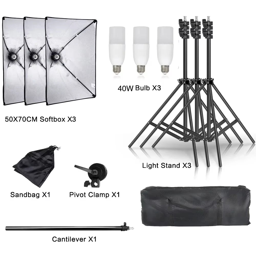 3Pcs Softbox with Sandbag Professional Photography Photo Studio Softbox Lights Lighting Kit Equipment Boom Arm
