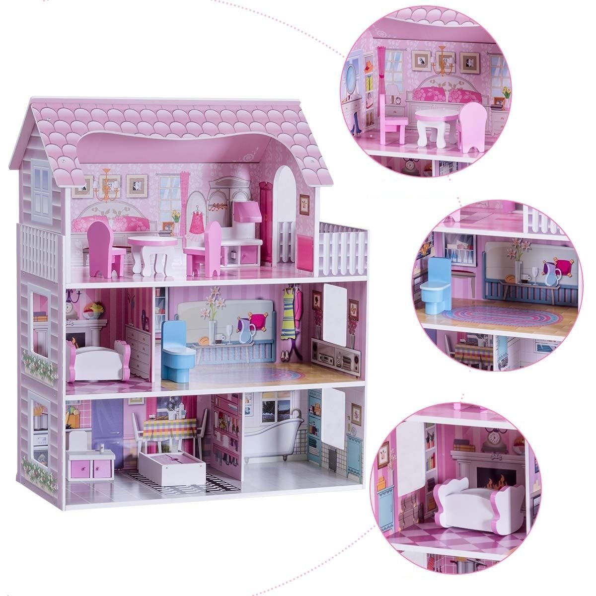 Casa Delle Bambole in Legno per Bambina Casa Giocattolo Dei Bambini 3 Piani Con Mobili E Accessori 61X26,5X71Cm