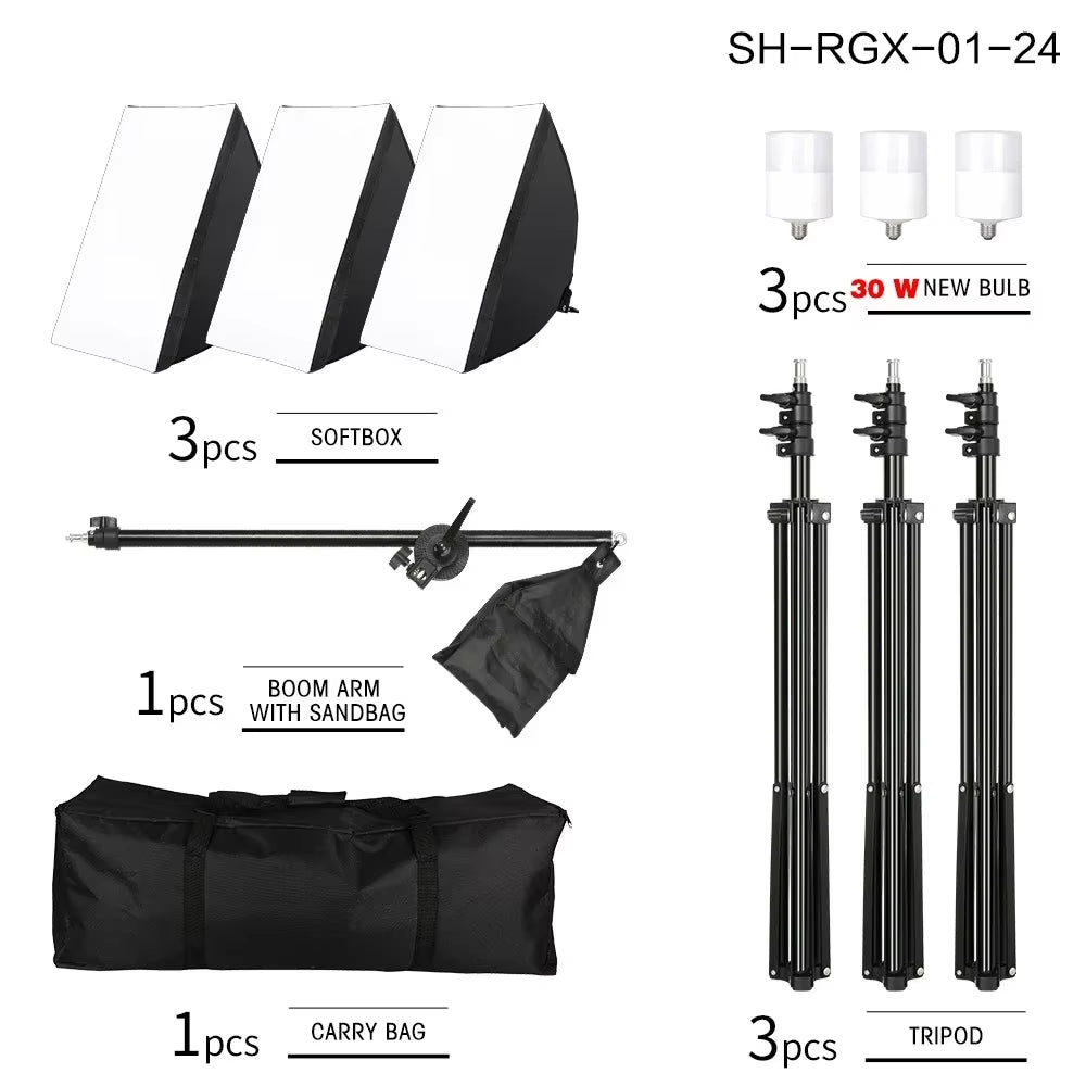 3Pcs Softbox with Sandbag Professional Photography Photo Studio Softbox Lights Lighting Kit Equipment Boom Arm