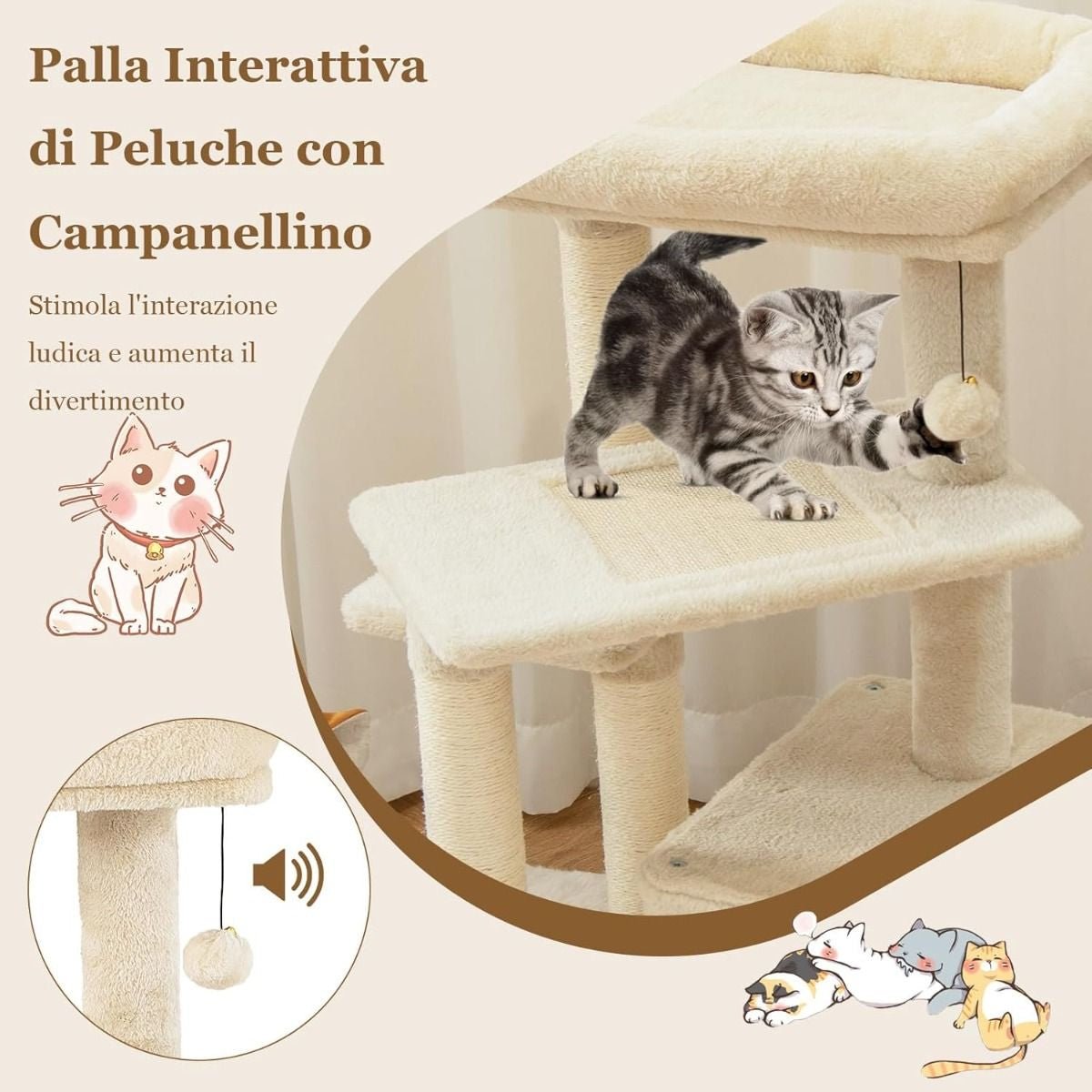 Albero per Gatti a 4 Piani Con Tiragraffi E Pallina Di Peluche, Torre per Gatti Con Piattaforma per Saltare Beige/Grigio