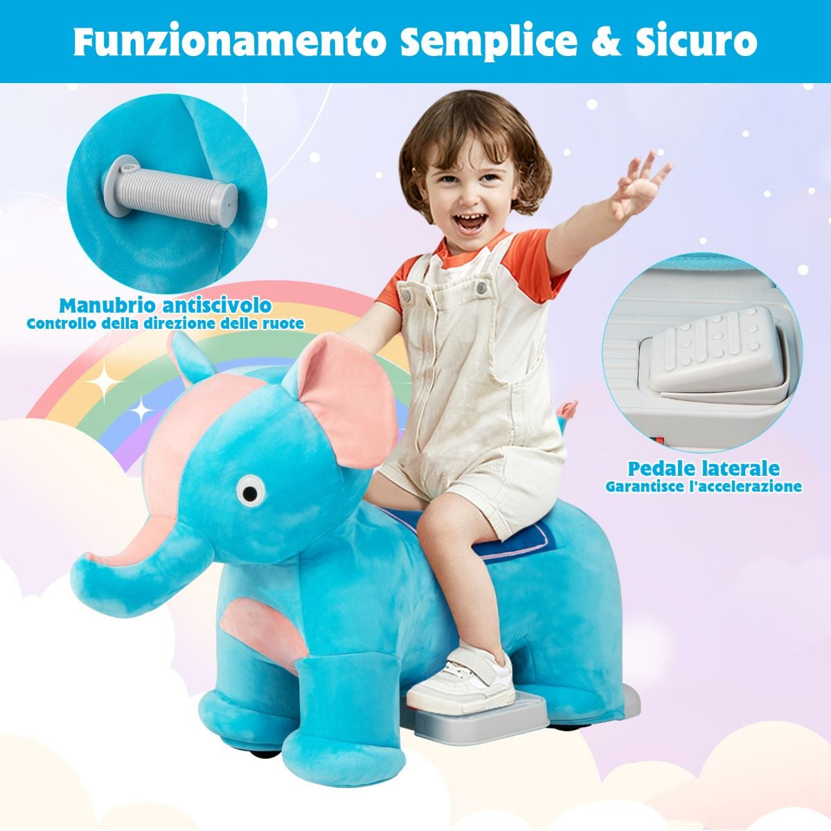 Gioco Cavalcabile Elettrico Bambini Con Ruote Flessibili Rivestimento Lavabile, Peluche Cavalcabile 3 Dimensioni