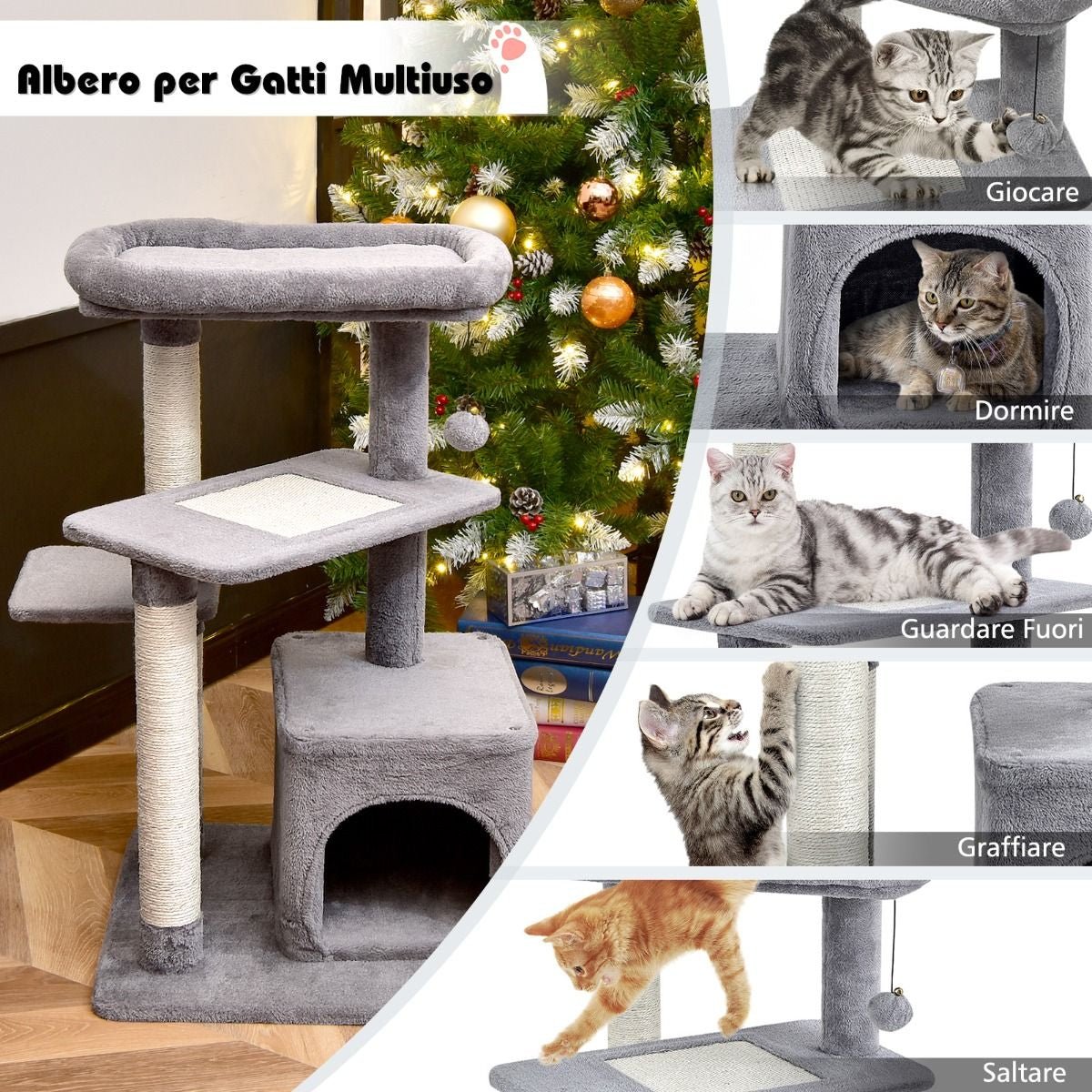 Albero per Gatti a 4 Piani Con Tiragraffi E Pallina Di Peluche, Torre per Gatti Con Piattaforma per Saltare Beige/Grigio