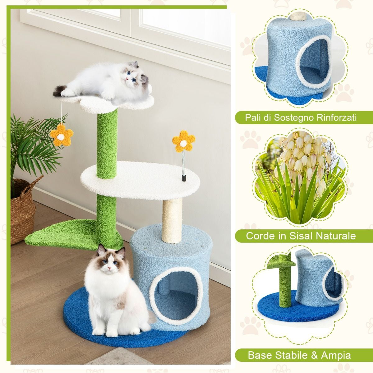 Albero per Gatti a Forma Di Fiore Con Tira Graffi in Sisal Trespolo a Forma Di Foglia, Centro Attività Gatti Blu