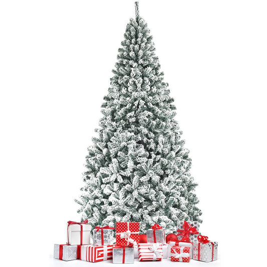 Albero Di Natale Innevato 270Cm Con Cerniere Base Di Metallo, Albero Di Natale Artificiale Non Illuminato Verde