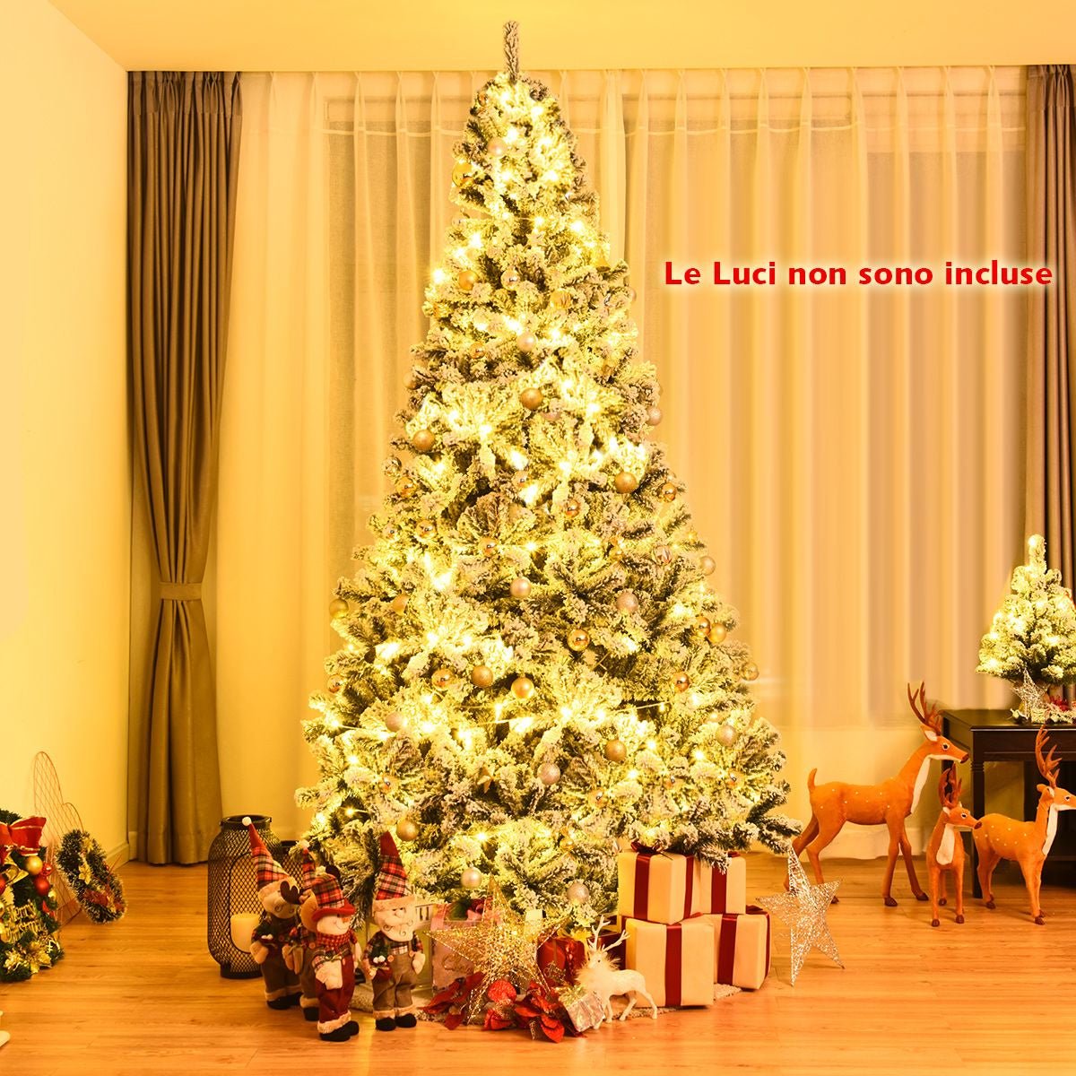 Albero Di Natale Innevato 270Cm Con Cerniere Base Di Metallo, Albero Di Natale Artificiale Non Illuminato Verde