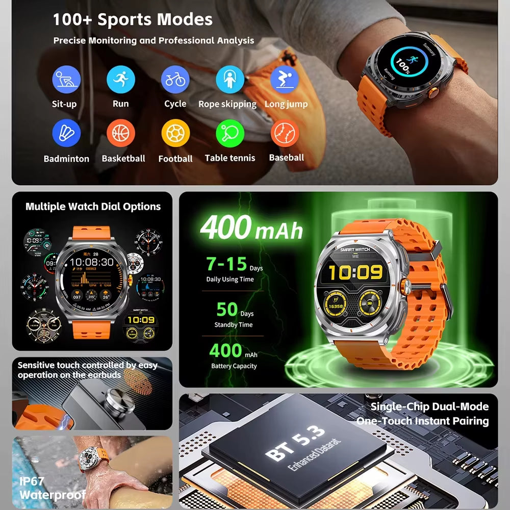 2025 2 in 1 Music Play Sports Smart Watch with Earbuds NFC Watches TWS Bluetooth Earphone Heart Rate Monitor Fitness Smartwatch