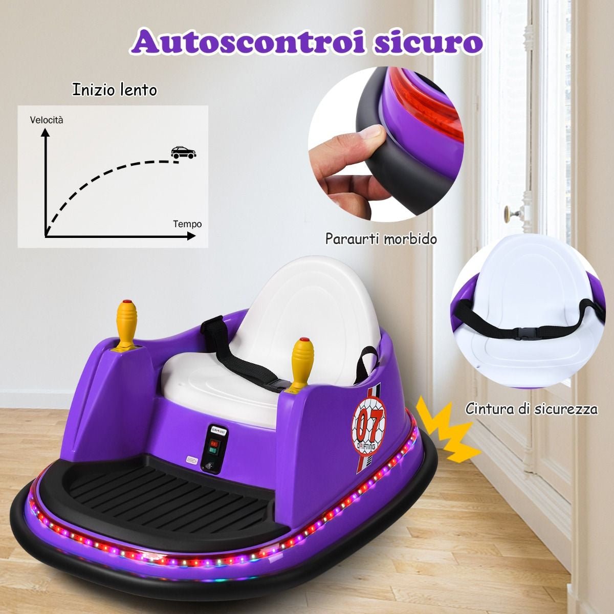 Macchina per Autoscontri per Bambini Con Luci Colorate, Macchina Elettrica Autoscontri 6 V Con Musica 4 Colori