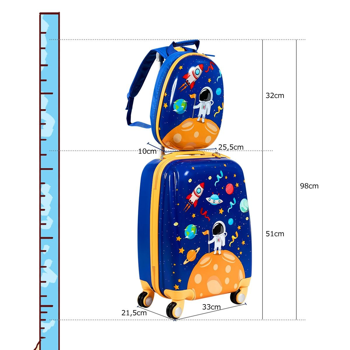 Set 2 Pezzi Bagagli per Bambini Da Viaggio Con Ruote Girevole Girevole 18" Trolley Bimbo + 12" Zaino Blu Scuro