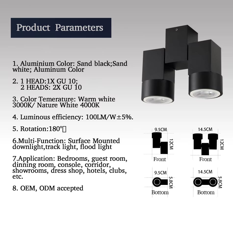 Indoor Led Downlight Led Gu10 180 Adjustable Double Surface Mount Spotlight White/ Black Ceiling Light