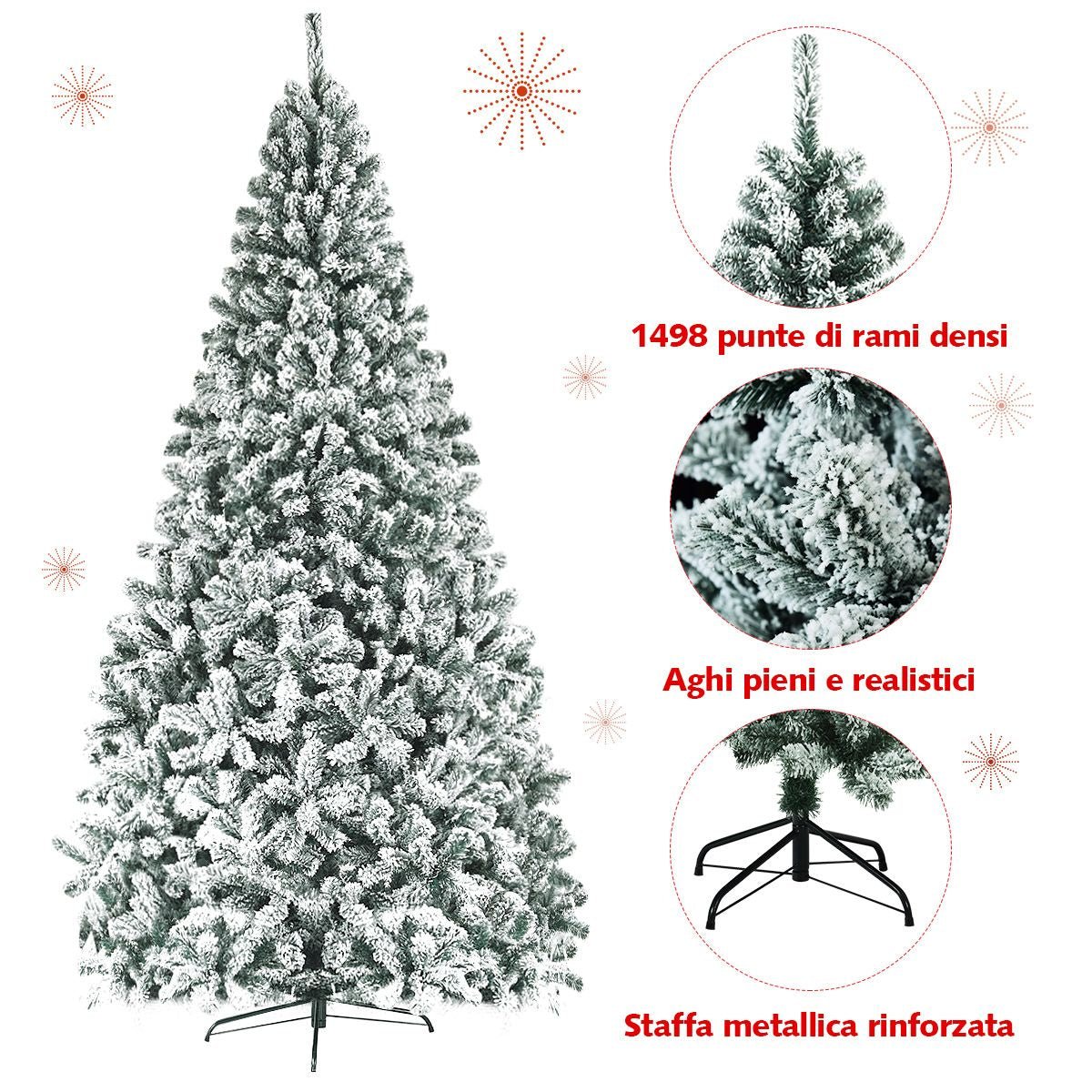 Albero Di Natale Innevato 270Cm Con Cerniere Base Di Metallo, Albero Di Natale Artificiale Non Illuminato Verde