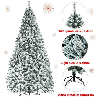 Albero Di Natale Innevato 270Cm Con Cerniere Base Di Metallo, Albero Di Natale Artificiale Non Illuminato Verde