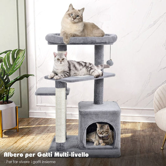 Albero per Gatti a 4 Piani Con Tiragraffi E Pallina Di Peluche, Torre per Gatti Con Piattaforma per Saltare Beige/Grigio
