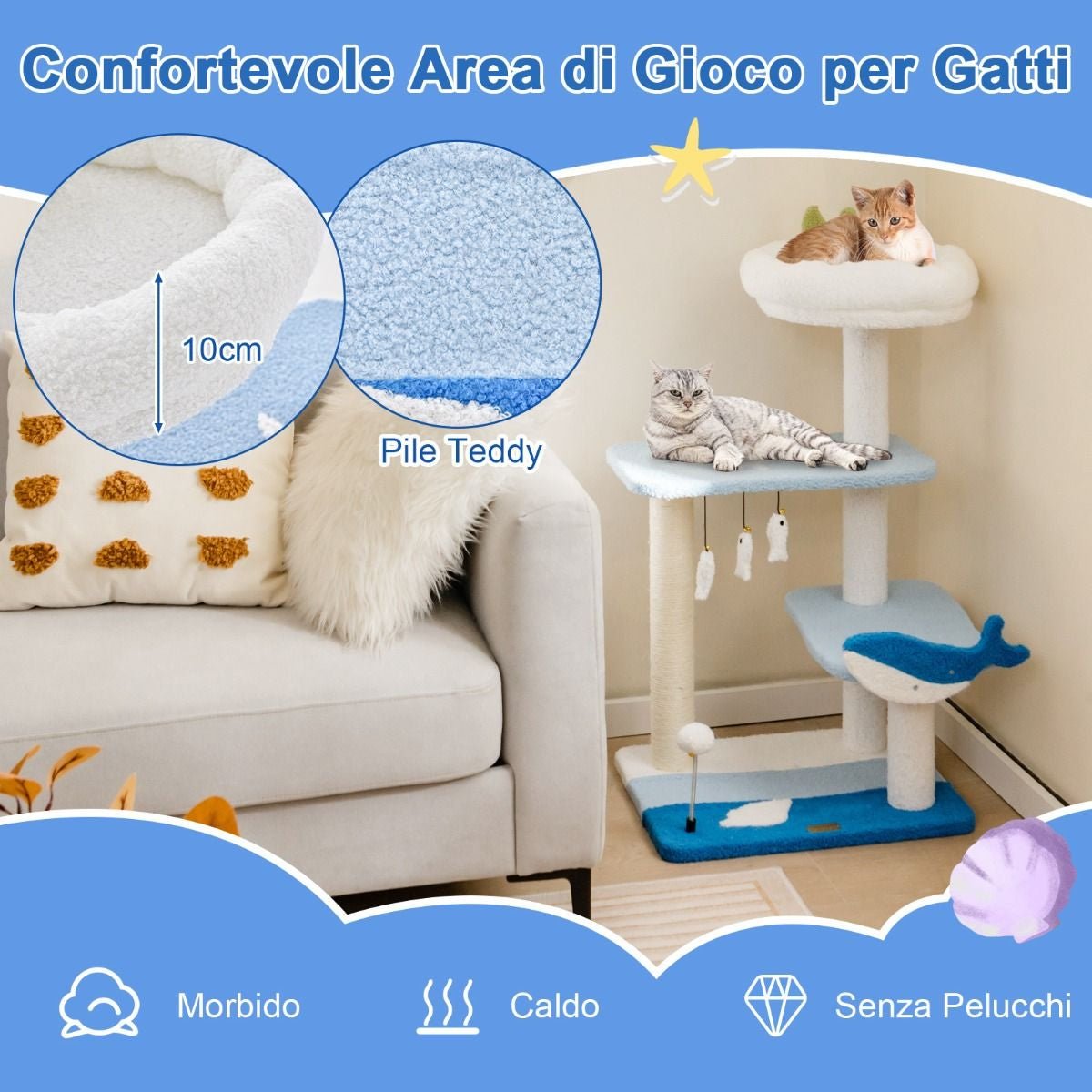 Albero per Gatti a Tema Oceanico Con Pali Tiragraffi Rivestiti in Sisal, Torre per Gatti a 3 Livelli 49X38X86Cm Blu