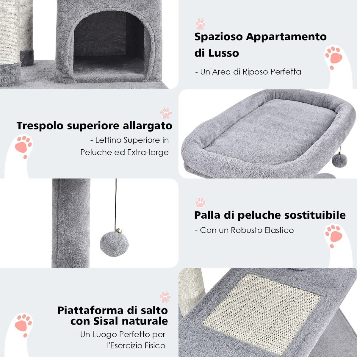 Albero per Gatti a 4 Piani Con Tiragraffi E Pallina Di Peluche, Torre per Gatti Con Piattaforma per Saltare Beige/Grigio