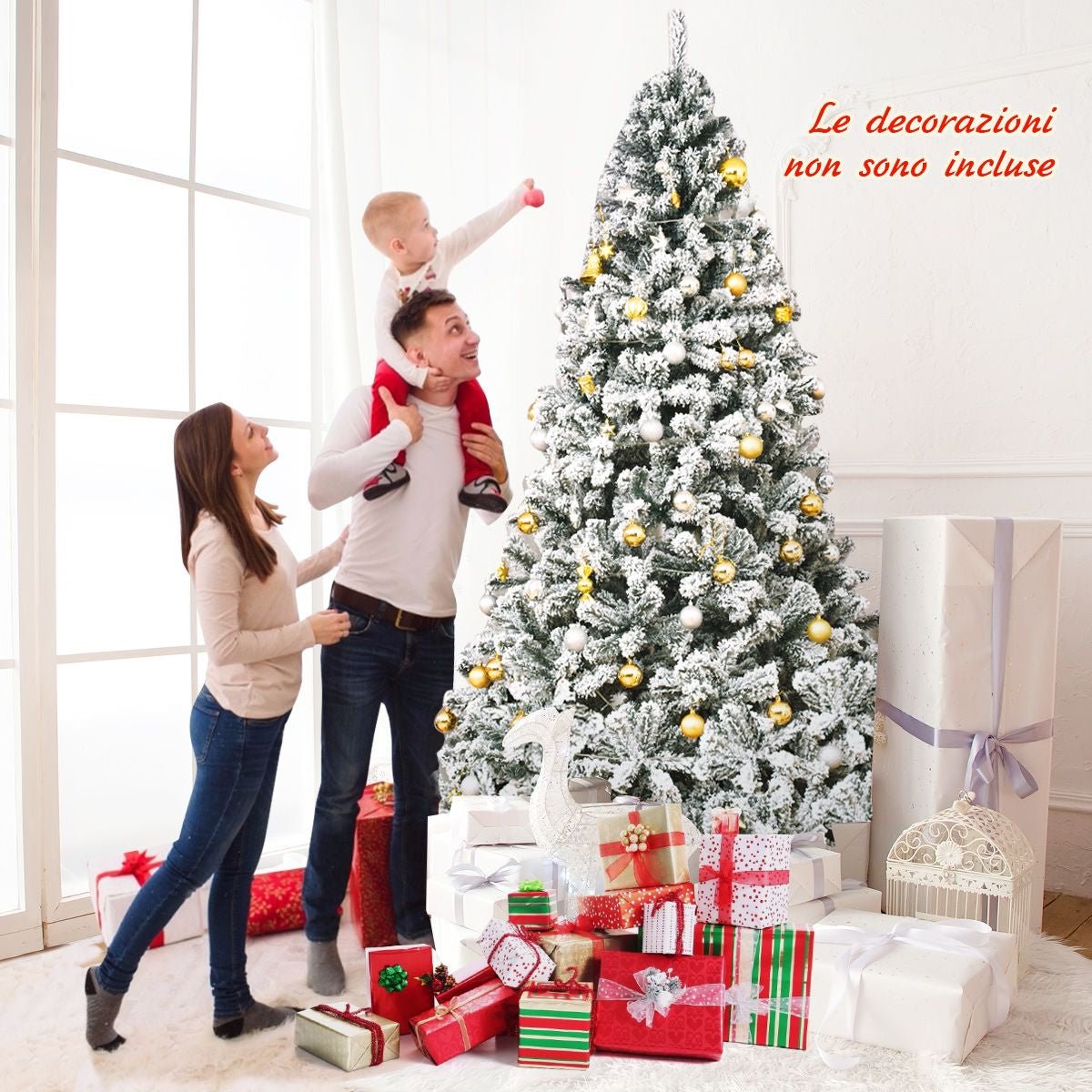 Albero Di Natale Innevato 270Cm Con Cerniere Base Di Metallo, Albero Di Natale Artificiale Non Illuminato Verde