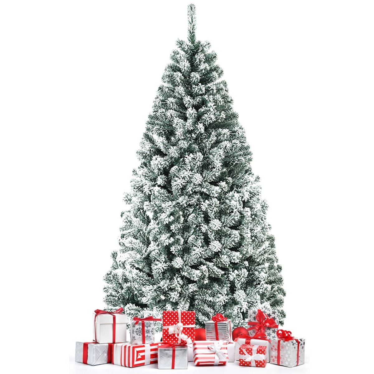 Albero Di Natale Innevato 180Cm Con Cerniere Base Di Metallo, Albero Di Natale Artificiale Non Illuminato