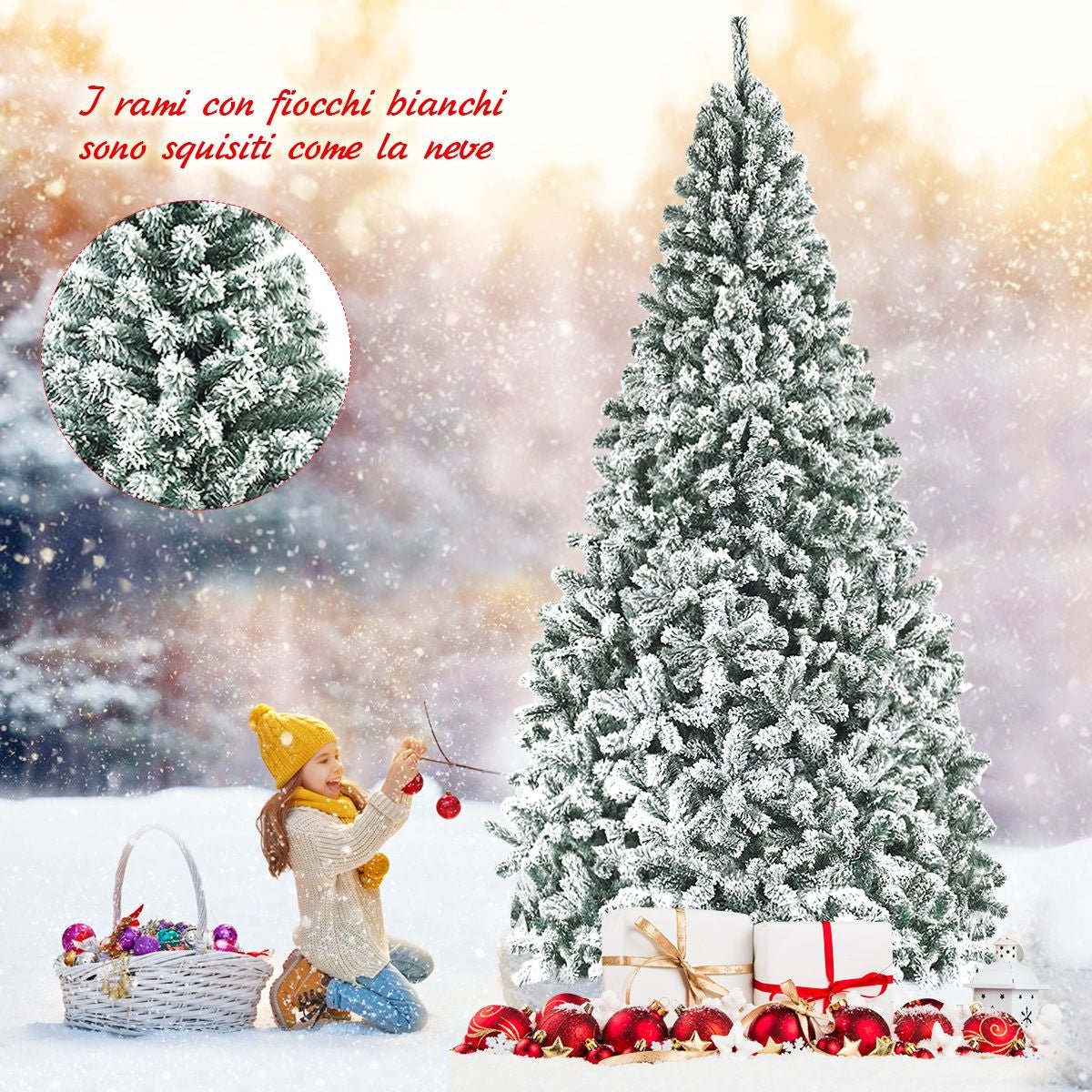 Albero Di Natale Innevato 270Cm Con Cerniere Base Di Metallo, Albero Di Natale Artificiale Non Illuminato Verde