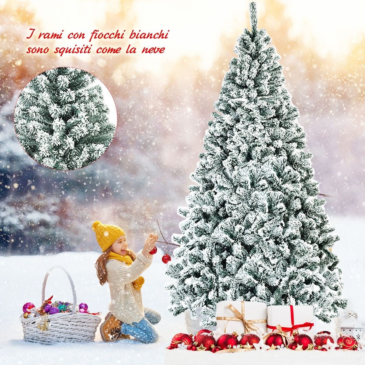 Albero Di Natale Innevato 225 Cm, Albero Di Natale Artificiale Non Illuminato E Con Cerniere