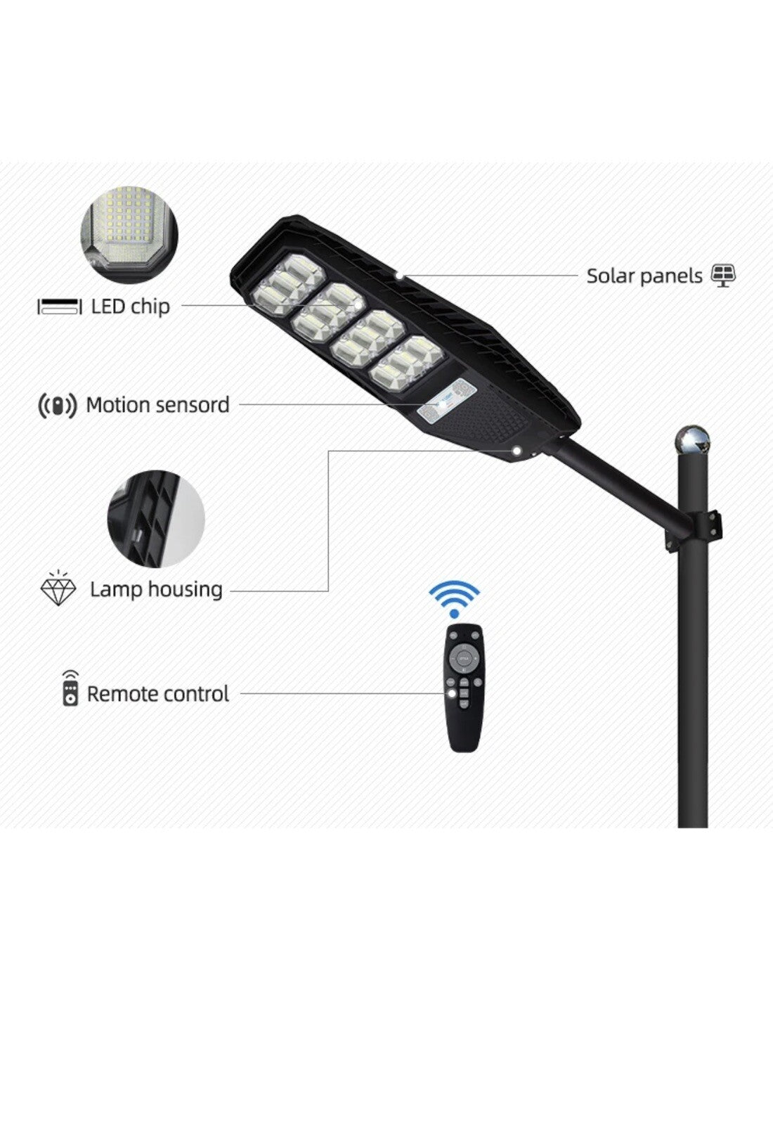 LAMPIONE STRADALE LED 200W PANNELLO SOLARE FOTOVOLTAICO FARO ESTERNO GIARDINO