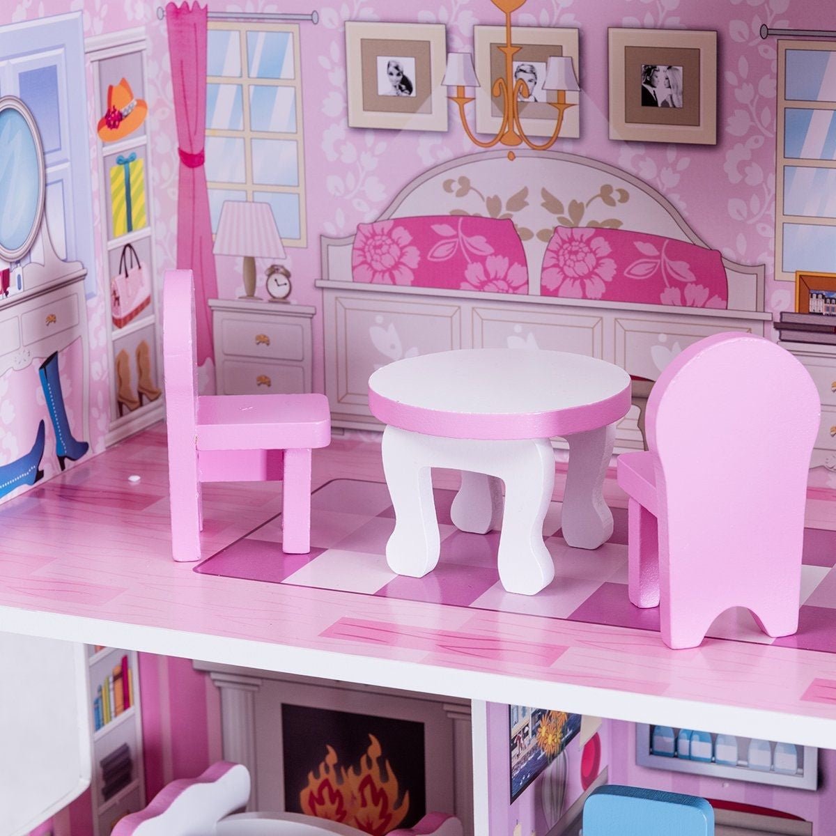 Casa Delle Bambole in Legno per Bambina Casa Giocattolo Dei Bambini 3 Piani Con Mobili E Accessori 61X26,5X71Cm