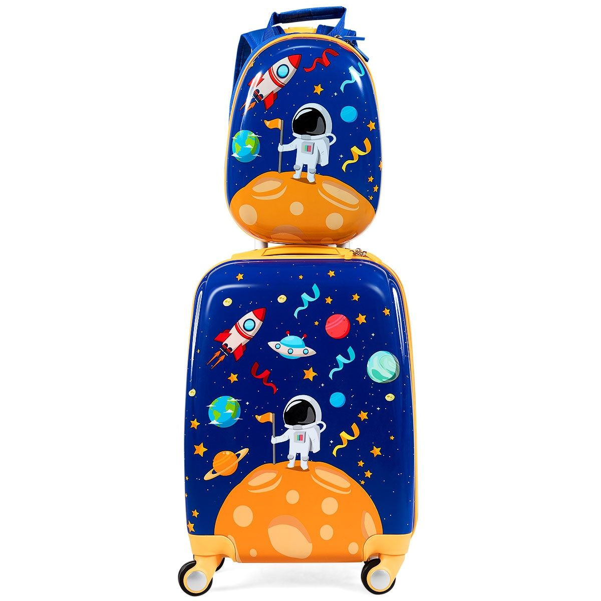 Set 2 Pezzi Bagagli per Bambini Da Viaggio Con Ruote Girevole Girevole 18" Trolley Bimbo + 12" Zaino Blu Scuro
