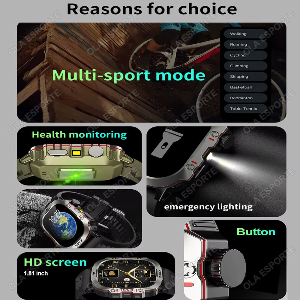 2025 New Military Smart Watch Men IP68 5ATM Outdoor Sports Fitness Tracker Health Monitoring 1.81Inch Bluetooth Calls Smartwatch
