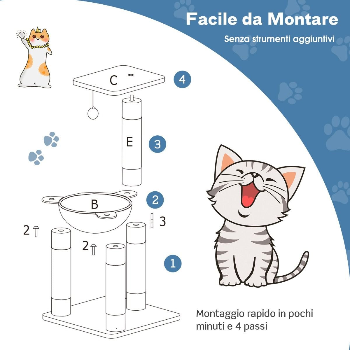 Albero per Gatti Multilivello Con Amaca Tiragraffi Rivestiti Ampia Piattaforma, Torre Di Arrampicata Grigio