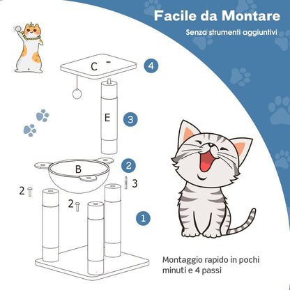 Albero per Gatti Multilivello Con Amaca Tiragraffi Rivestiti Ampia Piattaforma, Torre Di Arrampicata Grigio