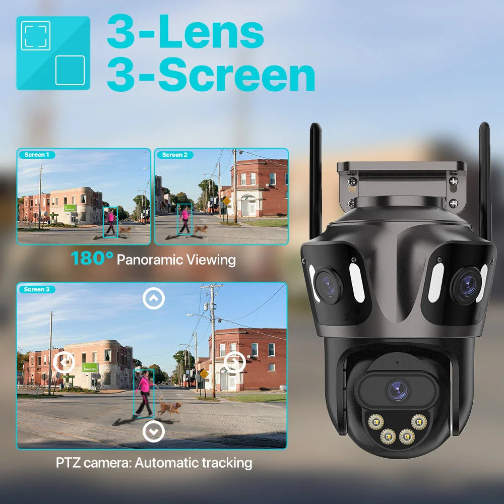 6K HD Three Screen Wifi Security Camera 4K 8MP Outdoor Wirelss PTZ IP Camera Ai Human Detect Video Surveillance Icsee APP