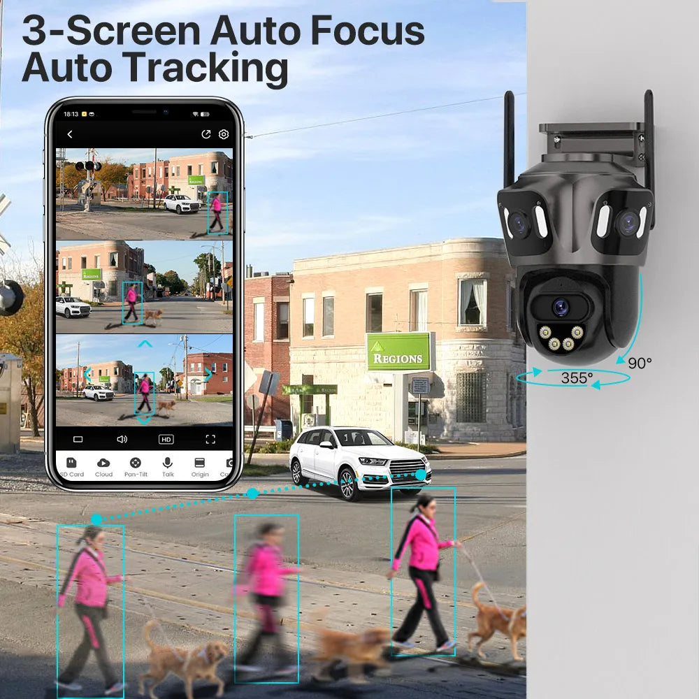 6K HD Three Screen Wifi Security Camera 4K 8MP Outdoor Wirelss PTZ IP Camera Ai Human Detect Video Surveillance Icsee APP