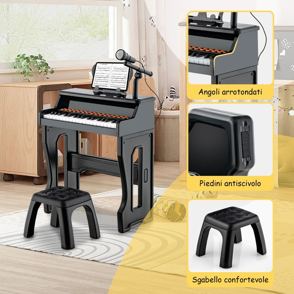 Pianoforte a 37 Tasti per Bambini Con Microfono Regolabile Supporto per Spartiti Rimovibile, Strumento Musicale 2 Colori
