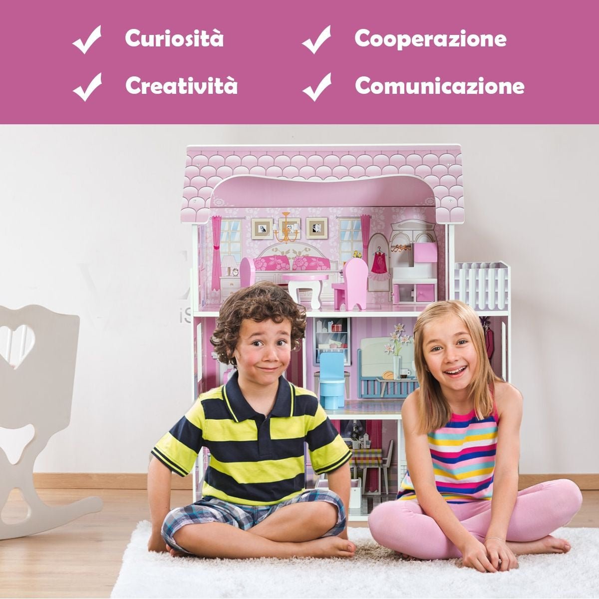 Casa Delle Bambole in Legno per Bambina Casa Giocattolo Dei Bambini 3 Piani Con Mobili E Accessori 61X26,5X71Cm