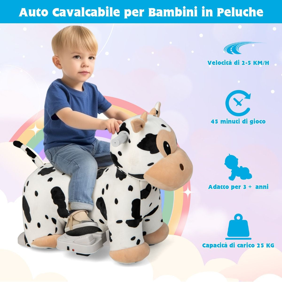 Gioco Cavalcabile Elettrico Bambini Con Ruote Flessibili Rivestimento Lavabile, Peluche Cavalcabile 3 Dimensioni