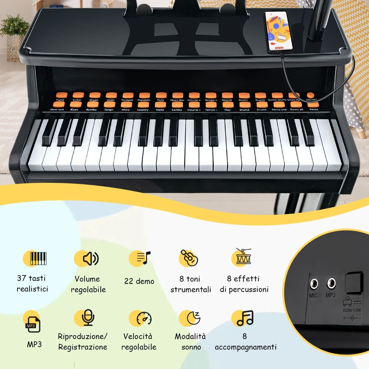 Pianoforte a 37 Tasti per Bambini Con Microfono Regolabile Supporto per Spartiti Rimovibile, Strumento Musicale 2 Colori