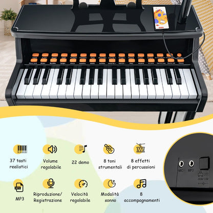 Pianoforte a 37 Tasti per Bambini Con Microfono Regolabile Supporto per Spartiti Rimovibile, Strumento Musicale 2 Colori