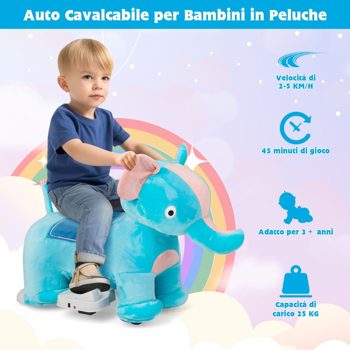 Gioco Cavalcabile Elettrico Bambini Con Ruote Flessibili Rivestimento Lavabile, Peluche Cavalcabile 3 Dimensioni