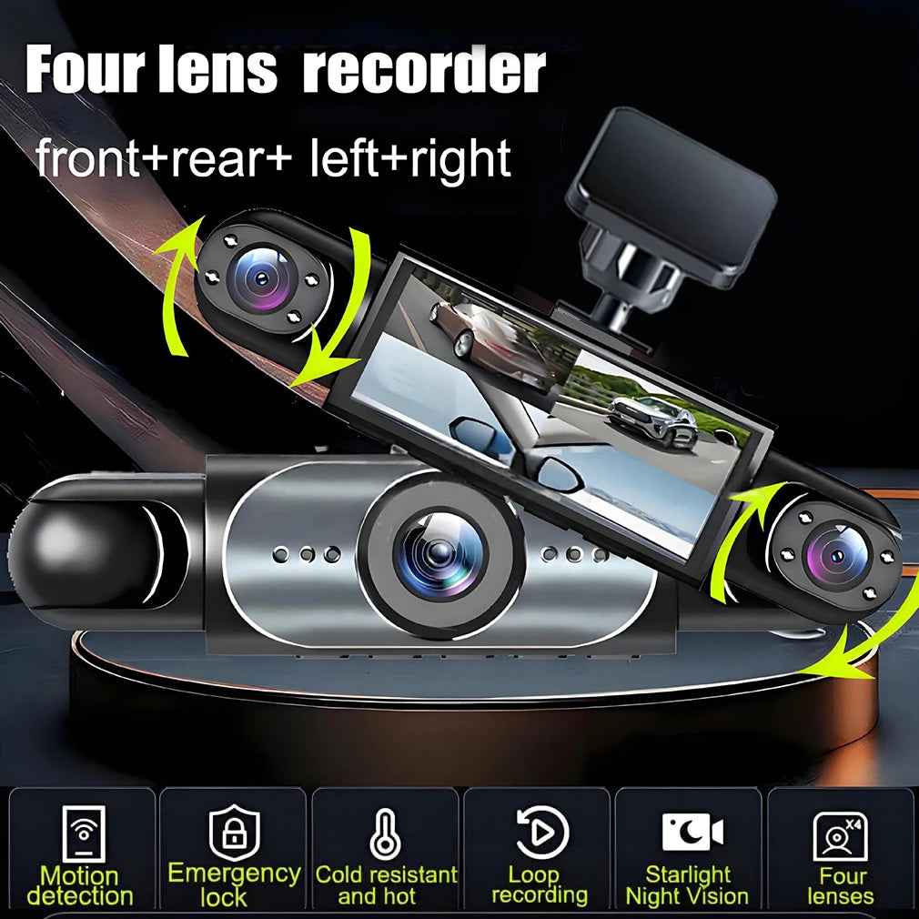 360° Dash Cam 4 Channels Car Video Recorder 1080P Car DVR 3/4 Lens Rotatable Camera View Night Vision Black Box