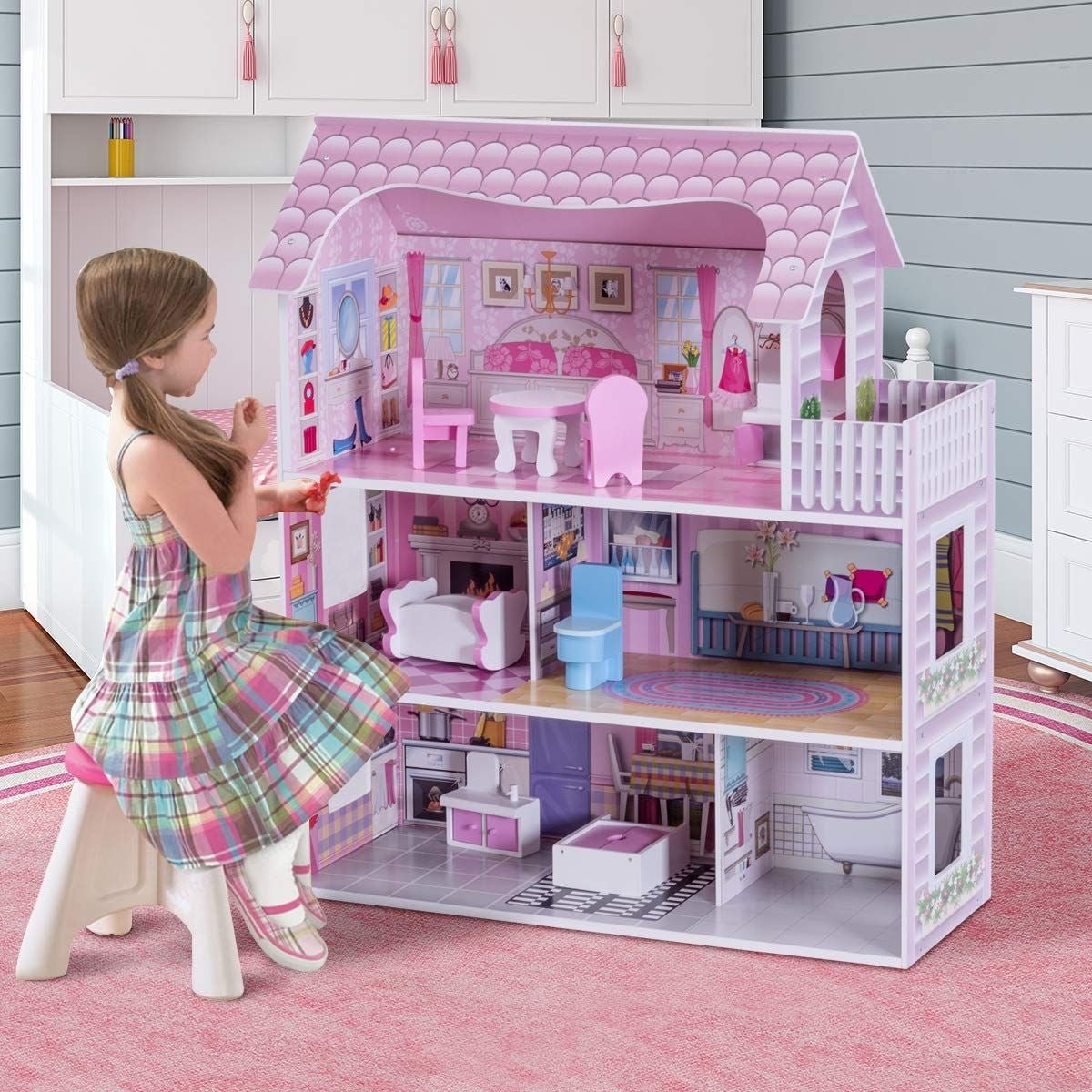 Casa Delle Bambole in Legno per Bambina Casa Giocattolo Dei Bambini 3 Piani Con Mobili E Accessori 61X26,5X71Cm