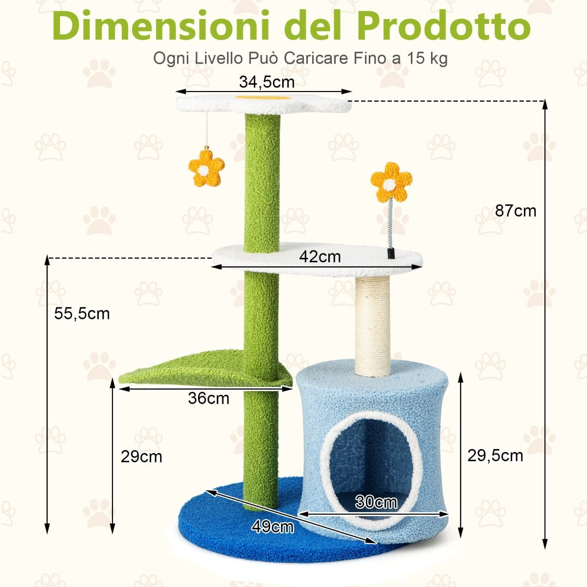 Albero per Gatti a Forma Di Fiore Con Tira Graffi in Sisal Trespolo a Forma Di Foglia, Centro Attività Gatti Blu