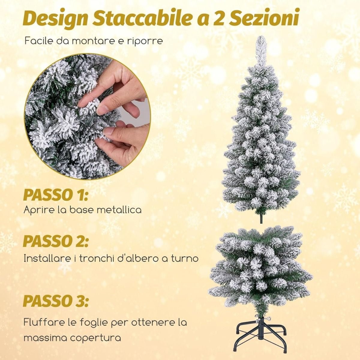 Albero Di Natale Artificiale Da 120Cm, Albero Di Natale Imbiancato Con 240 Rami Supporto Metallico Pieghevole