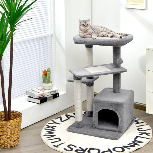Albero per Gatti a 4 Piani Con Tiragraffi E Pallina Di Peluche, Torre per Gatti Con Piattaforma per Saltare Beige/Grigio