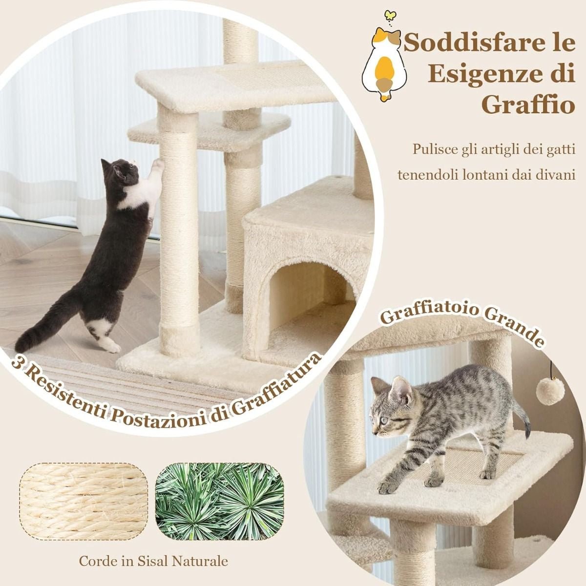 Albero per Gatti a 4 Piani Con Tiragraffi E Pallina Di Peluche, Torre per Gatti Con Piattaforma per Saltare Beige/Grigio