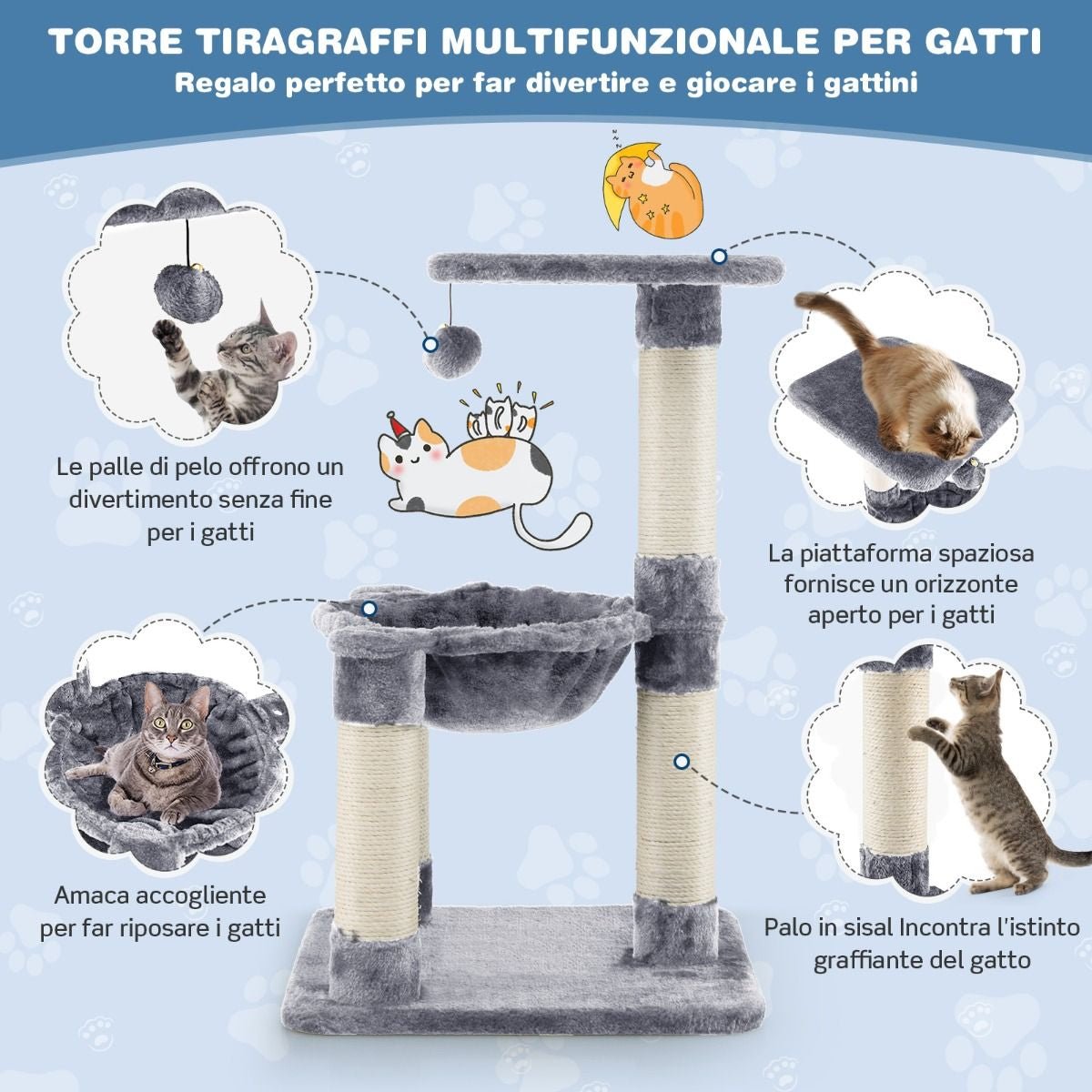 Albero per Gatti Multilivello Con Amaca Tiragraffi Rivestiti Ampia Piattaforma, Torre Di Arrampicata Grigio