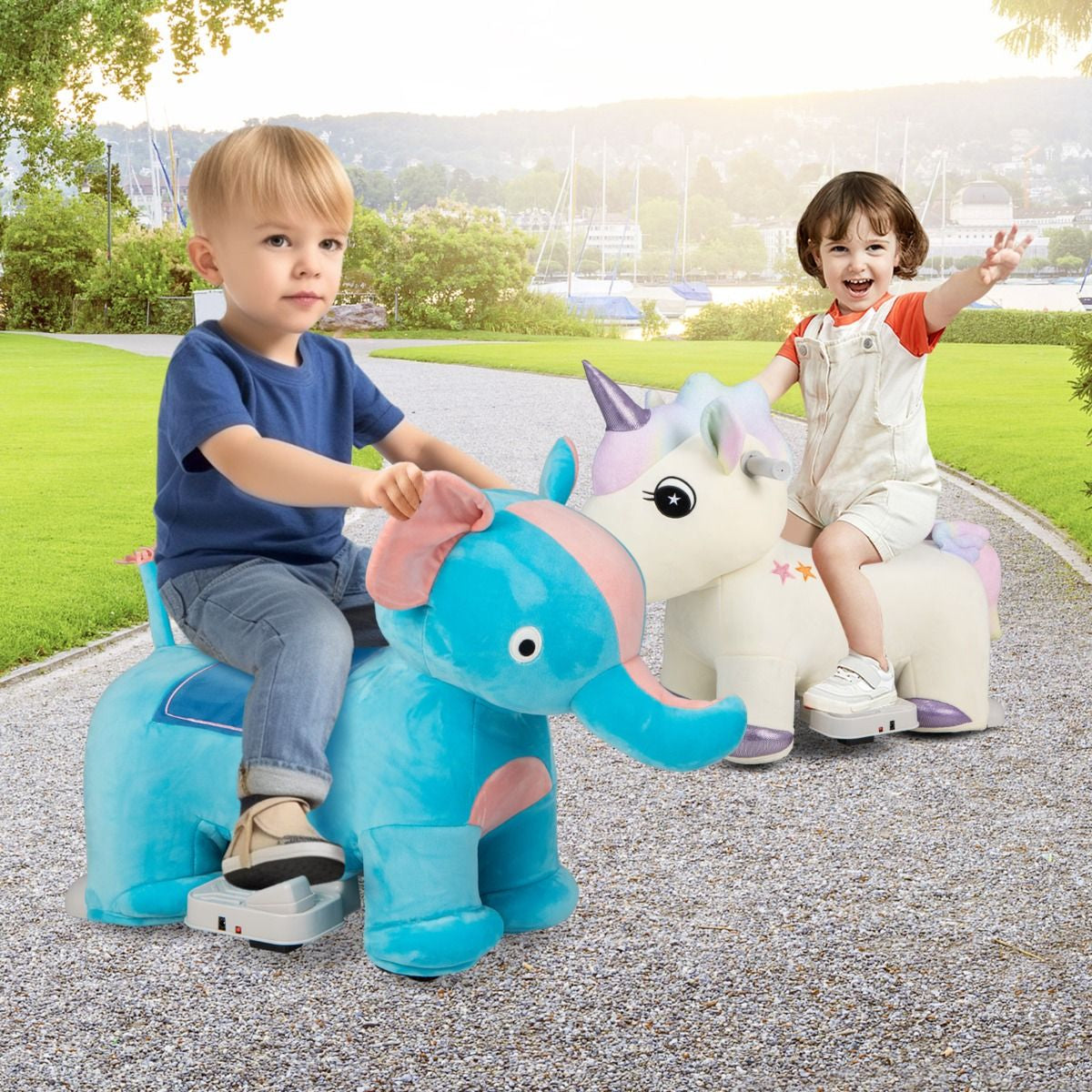 Gioco Cavalcabile Elettrico Bambini Con Ruote Flessibili Rivestimento Lavabile, Peluche Cavalcabile 3 Dimensioni